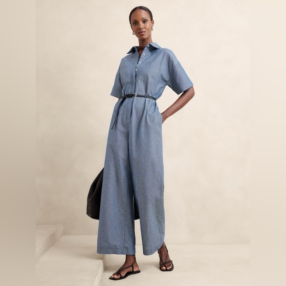 Banana Republic Factory Tie-Waist Jumpsuit in Chambray Blue